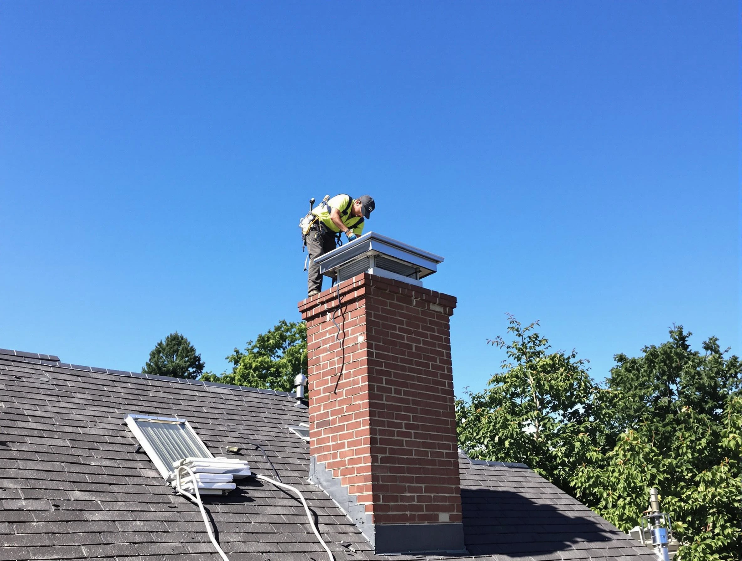 Rio Communities Chimney Sweep technician measuring a chimney cap in Rio Communities, NM